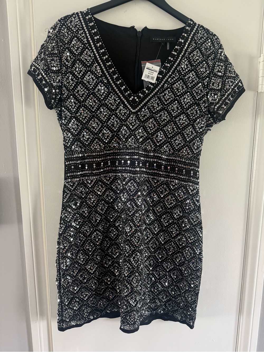 NEW-Endless Rose Black & Silver Sequin Beaded Mini Dress Size L